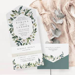 White Peony   Watercolor Floral Frame Wedding All In One Invitation