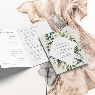 White Peony Watercolor Floral Frame Wedding Programme