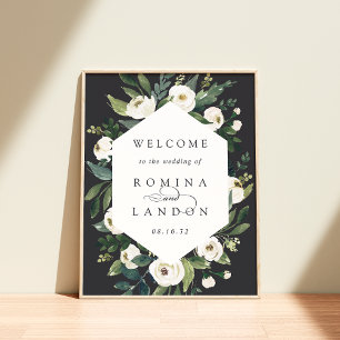 White Peony Watercolor Floral Wedding Welcome Poster