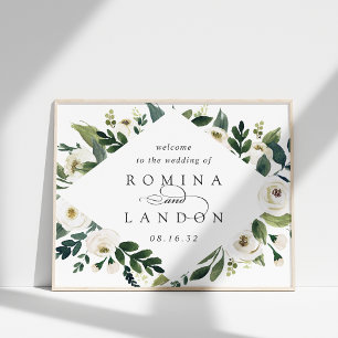 White Peony Watercolor Floral Wedding Welcome Poster