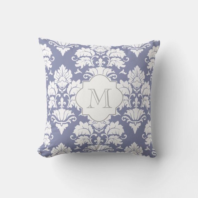 White & Periwinkle Blue Damask Monogrammed Pillow (Front)