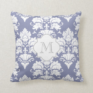 White & Periwinkle Blue Damask Monogrammed Pillow