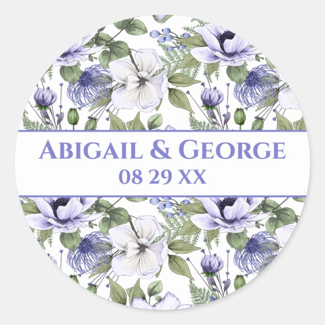 White Periwinkle Florals Purple Wedding Favour Classic Round Sticker (Front)