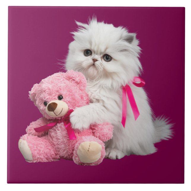 White Persian and Teddy Bear Decorative Tile (Front)