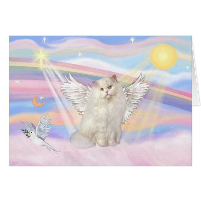 White Persian Cat Angel in Clouds (Front Horizontal)