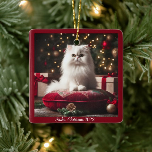 White Persian Cat Christmas Ceramic Ornament (Tree)