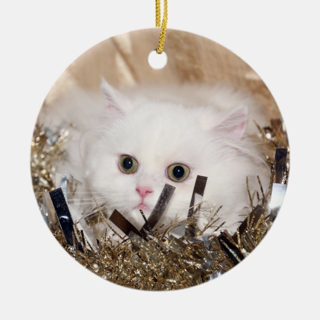 White Persian cat Christmas Ceramic Tree Decoration (Front)