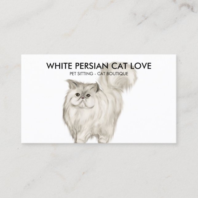 White Persian Cat Illustration Watercolor Business Card (Front)