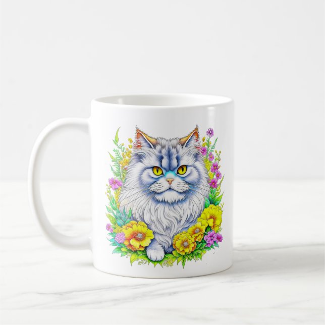 White Persian Cat in Flowers  Coffee Mug (Left)