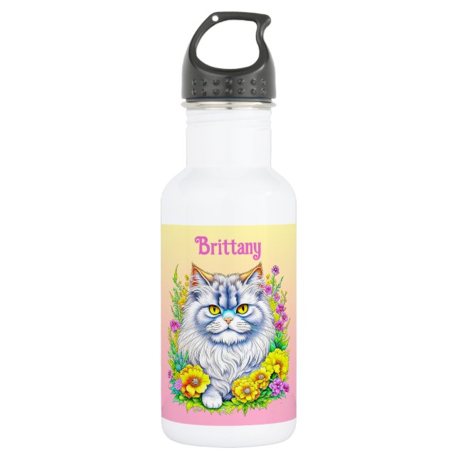 White Persian Cat in Flowers Personalised 532 Ml Water Bottle (Front)