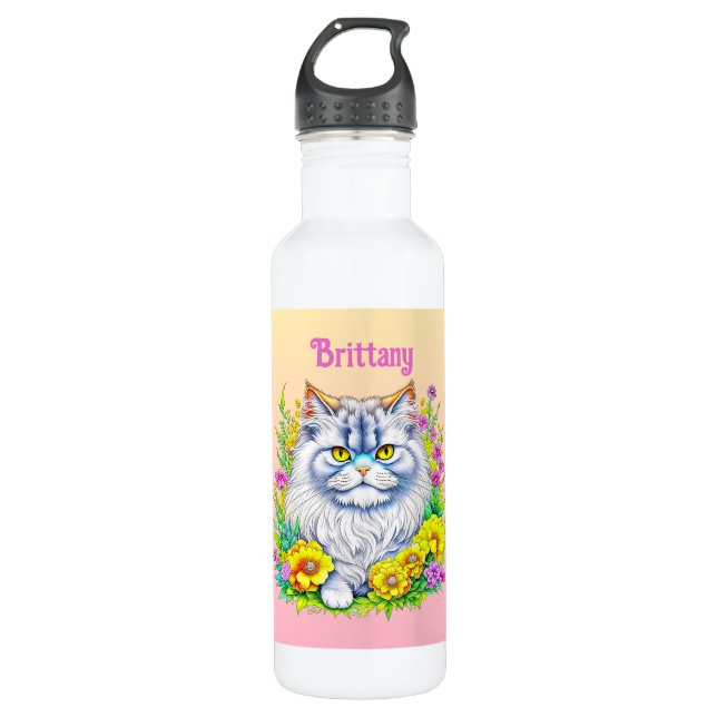 White Persian Cat in Flowers Personalised 710 Ml Water Bottle (Front)