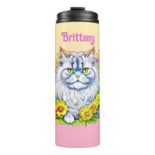 White Persian Cat in Flowers Personalised Thermal Tumbler