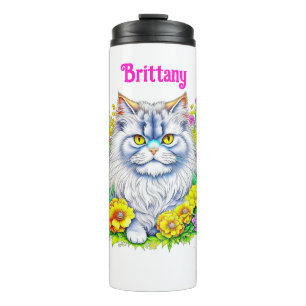 White Persian Cat in Flowers Personalised Thermal Tumbler