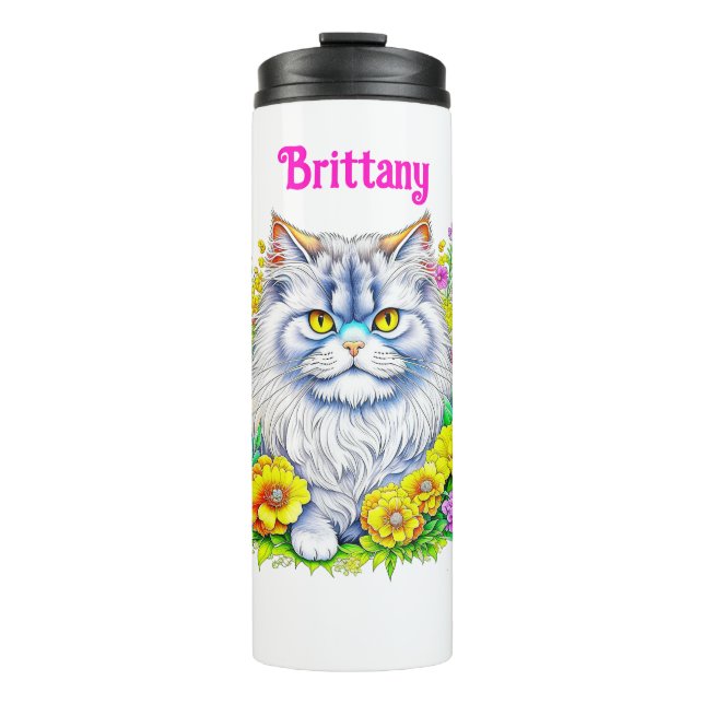White Persian Cat in Flowers Personalised Thermal Tumbler (Front)