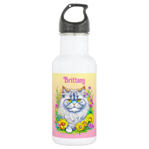 White Persian Cat in Flowers Personalized 532 Ml Water Bottle