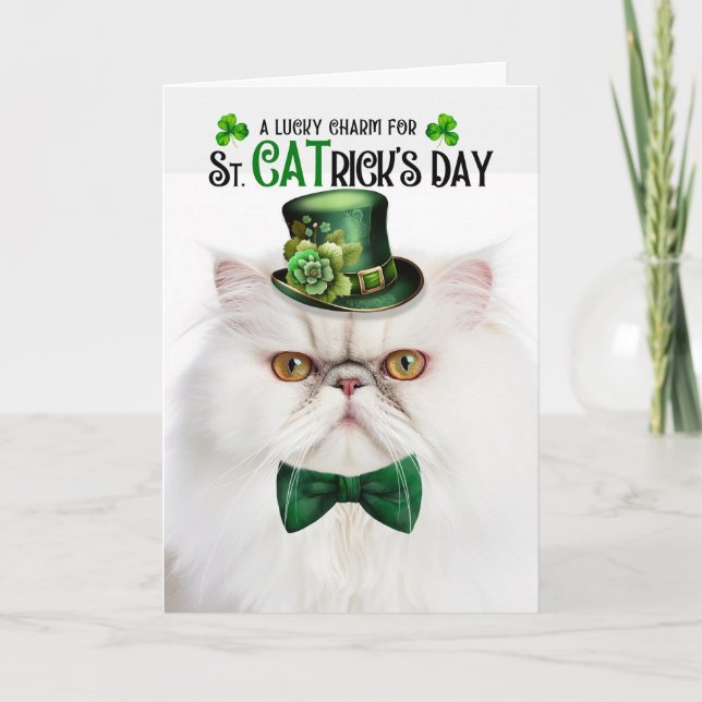 White Persian Cat Lucky Charm St CATrick's Day Holiday Card (Front)