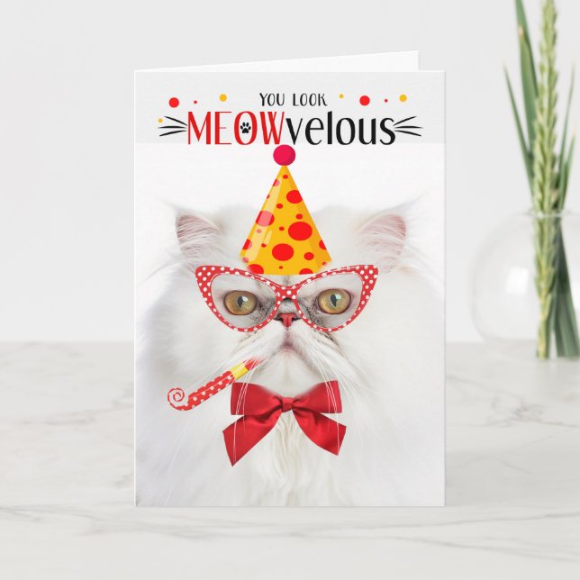 White Persian Cat MEOWvelous Birthday Card (Front)