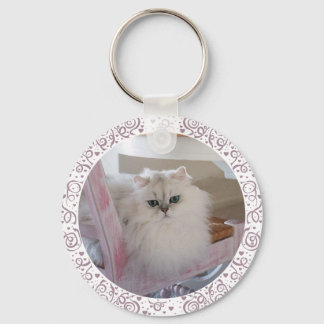White Persian Cat on a Pink Chair Key Ring