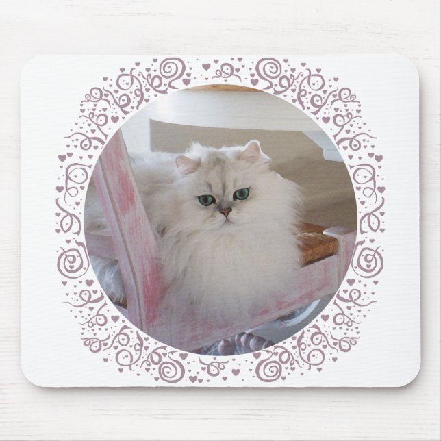 White Persian Cat on a Pink Chair Mouse Mat (Front)
