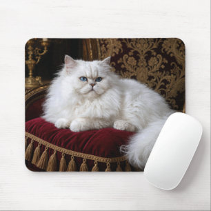 White Persian Cat on a Velvet Chair Cushion Mouse Mat