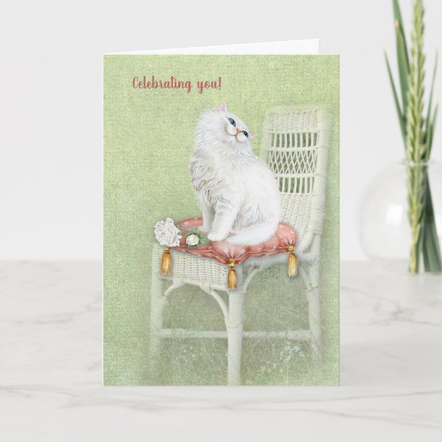 white Persian cat on chair birthday Card (Front)