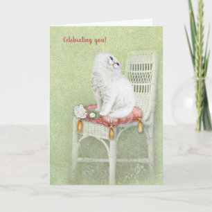 white Persian cat on chair birthday Card