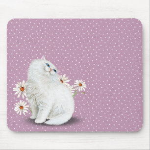 white Persian cat on pin dot pattern Mouse Mat