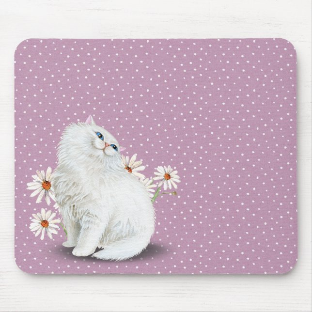 white Persian cat on pin dot pattern Mouse Mat (Front)