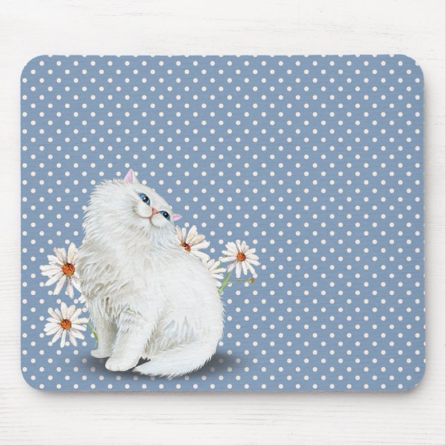 white Persian cat on pin dot pattern Mouse Mat (Front)