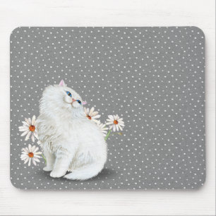 white Persian cat on pin dot pattern Mouse Pad