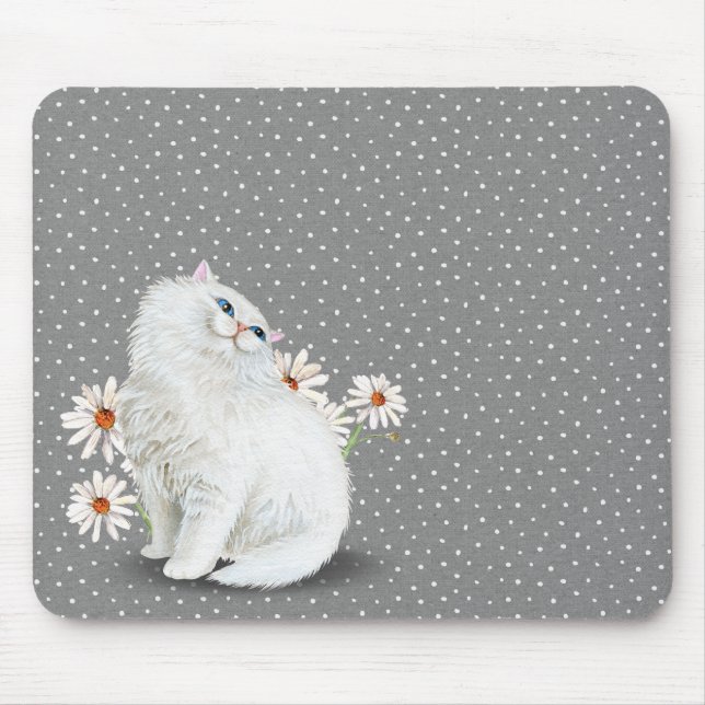 white Persian cat on pin dot pattern Mouse Pad (Front)