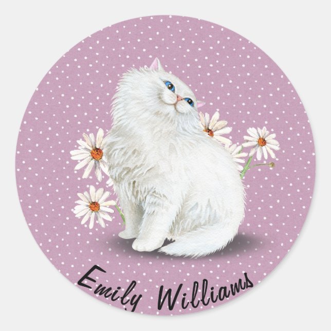 White Persian cat on pin dots Classic Round Sticker (Front)