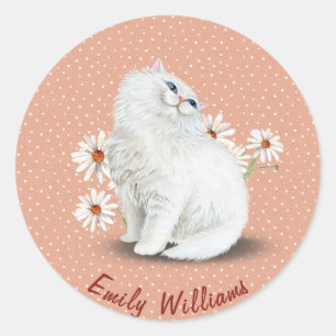 White Persian cat on pin dots Classic Round Sticker