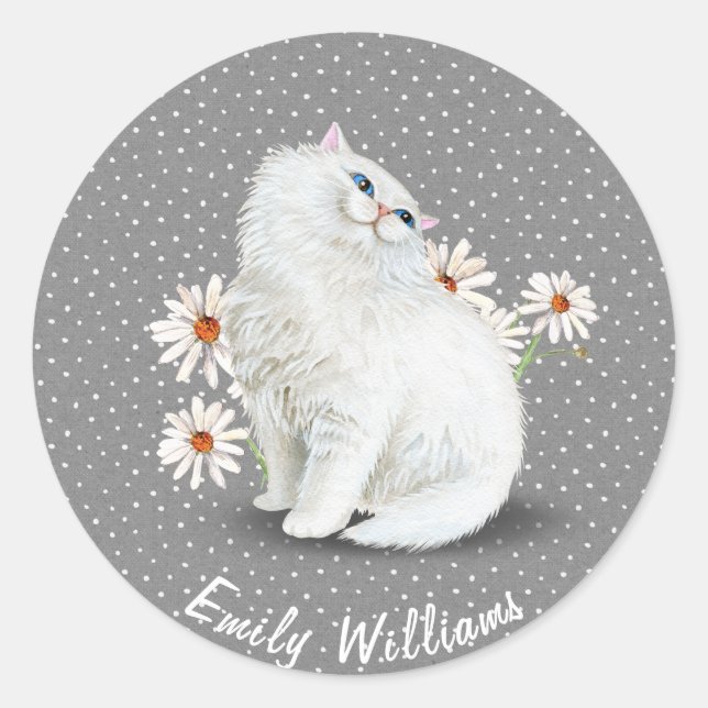 White Persian cat on pin dots Classic Round Sticker (Front)