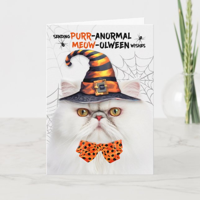 White Persian Cat PURRanormal MEOWolween Holiday Card (Front)