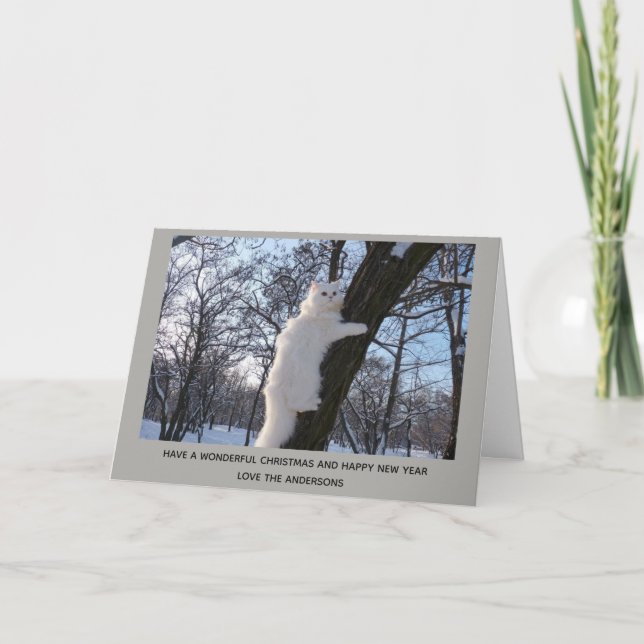 White Persian Cat Up a Tree Christmas Personalised Holiday Card (Front)