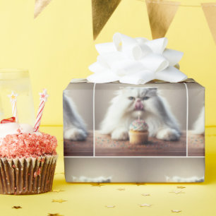 White Persian Cat With Birthday Cupcake Wrapping Paper
