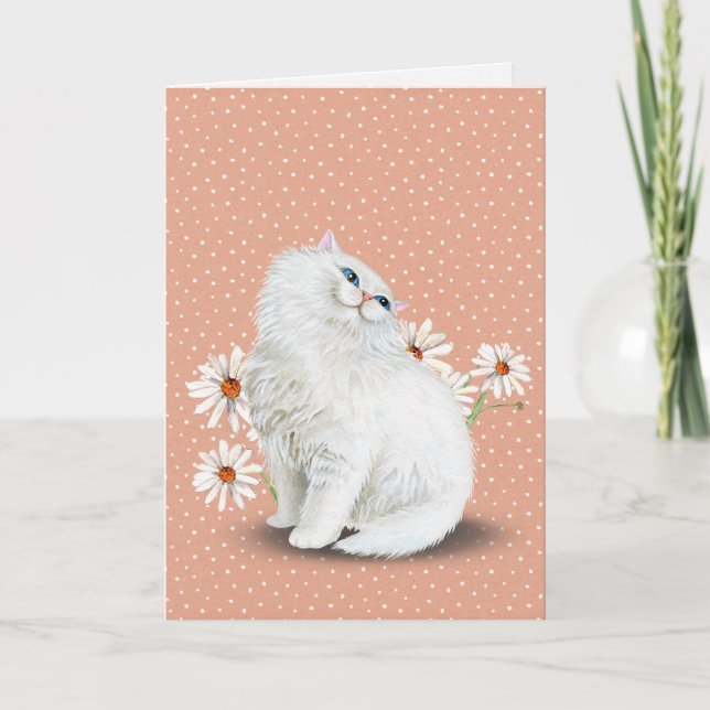 white Persian cat with daisies Card (Front)