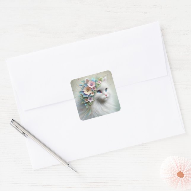 White Persian Cat With Floral Laurel Square Sticker (Envelope)