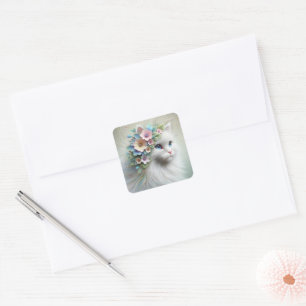 White Persian Cat With Floral Laurel Square Sticker