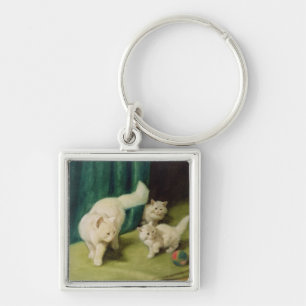 White Persian Cat with Two Kittens Key Ring