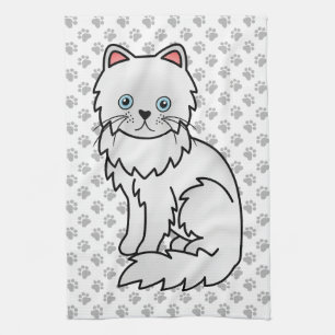 White Persian Cute Cartoon Cat Illustration Tea Towel