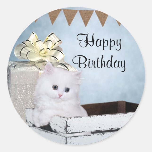 White Persian kitten Birthday Classic Round Sticker (Front)