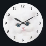 White persian kitten face large clock<br><div class="desc">Blue eyed white persian kitten face all fancied up with her false eyelashes and looking very pretty and feminine cat lovers wall clock</div>