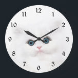 White persian kitten face large clock<br><div class="desc">Blue eyed white persian kitten face all fancied up with her false eyelashes and looking very pretty and feminine cat lovers wall clock</div>