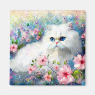 White Persian Kitty Cat Blue Eyes in Pink Flowers Magnet