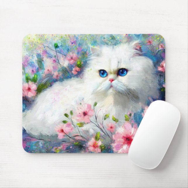 White Persian Kitty Cat Blue Eyes in Pink Flowers Mouse Mat (With Mouse)