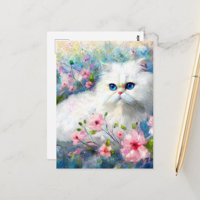 White Persian Kitty Cat Blue Eyes in Pink Flowers Postcard (Front/Back In Situ)