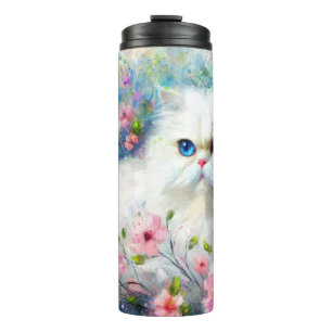 White Persian Kitty Cat Blue Eyes in Pink Flowers Thermal Tumbler