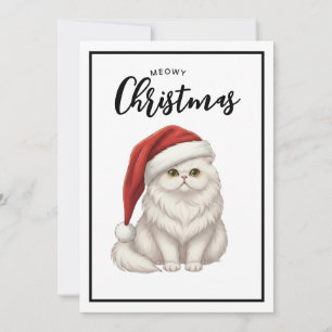 White Persian Kitty Cat " Meowy Christmas "  Holiday Card